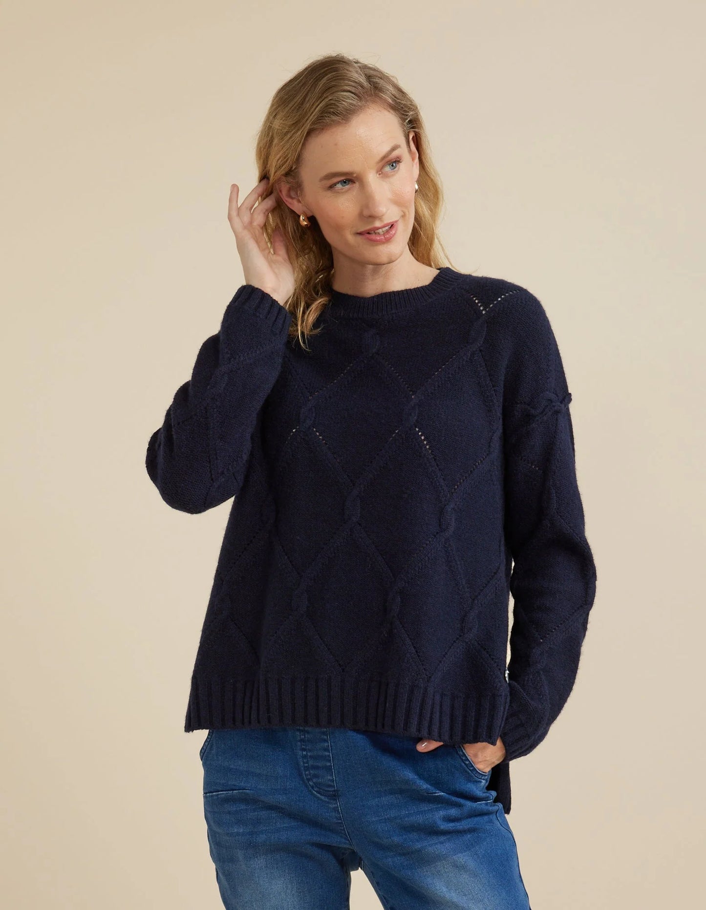 Yarra Trail Diamond Cable Jumper - Navy